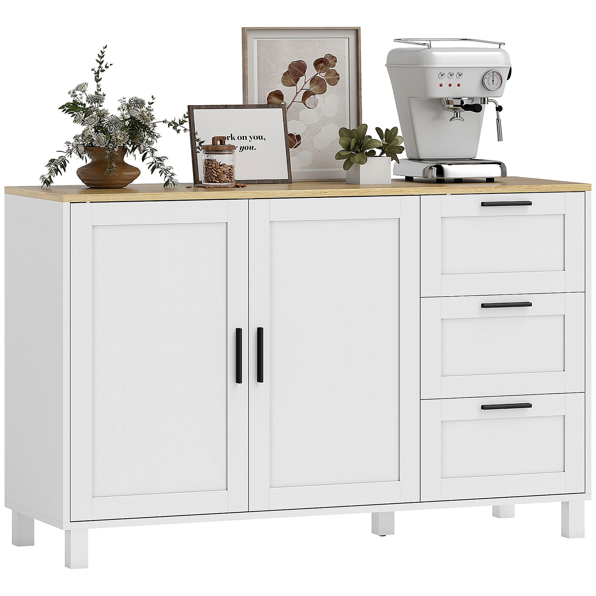 HOMCOM Sideboard Soft-Close-Türen, 3 Schubladen 120 x 38 x 76 cm Weiß