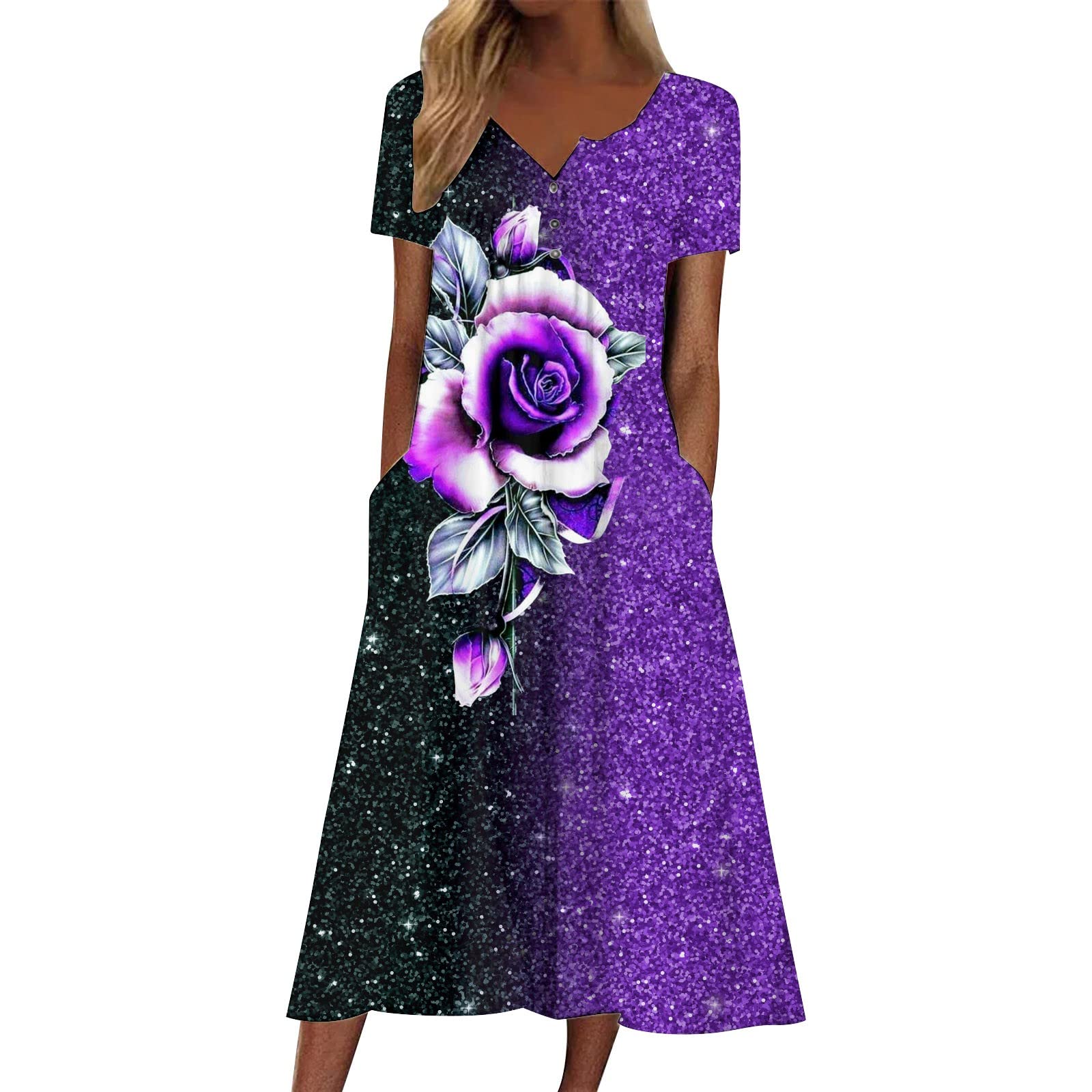 Women Summer Casual Short Sleeve Floral Print Small V Neck Button Loose Dress Boho Beach Treval Dress Plus Size Dresses