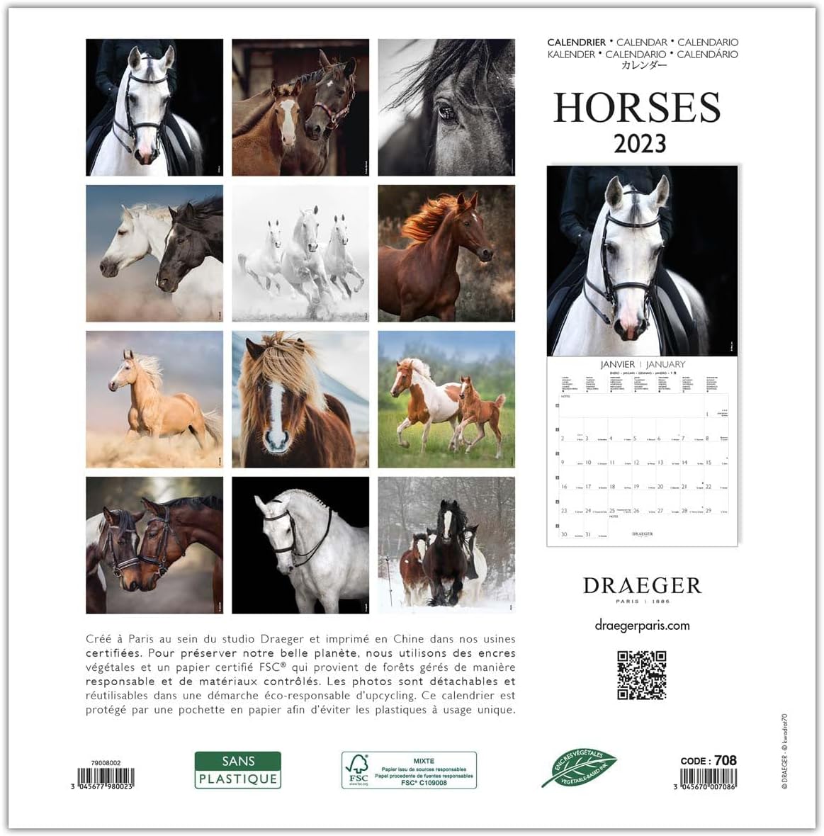 DRAEGER PARIS | Decorative Wall Calendar Horses 2023 to Hang 29 x 29 cm | 16 Months September 22 to Dec 23 | 7 Languages | Office, Kitchen, Home Calendar | Vegetable Inks | FSC® Certified Paper