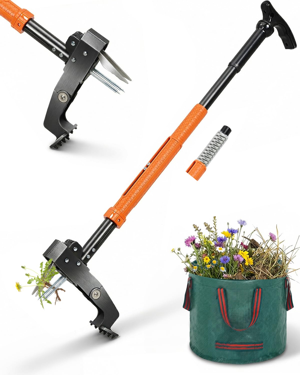 HAUSPROFI Teleskop-Unkrautstecher mit langem Stiel (91-118cm), 50L Gartensack, Unkrautentferner mit 4 Edelstahlkrallen für effizientes Entfernen von Unkraut, Automatischer Rücksprungmechanismus