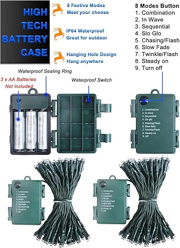 Miniatura 4 de Paquete de 2 luces LED de 16.4 pies cada uno, funciona con pilas, para árbol de Navidad para interiores y exteriores, con temporizador, 8 modos de