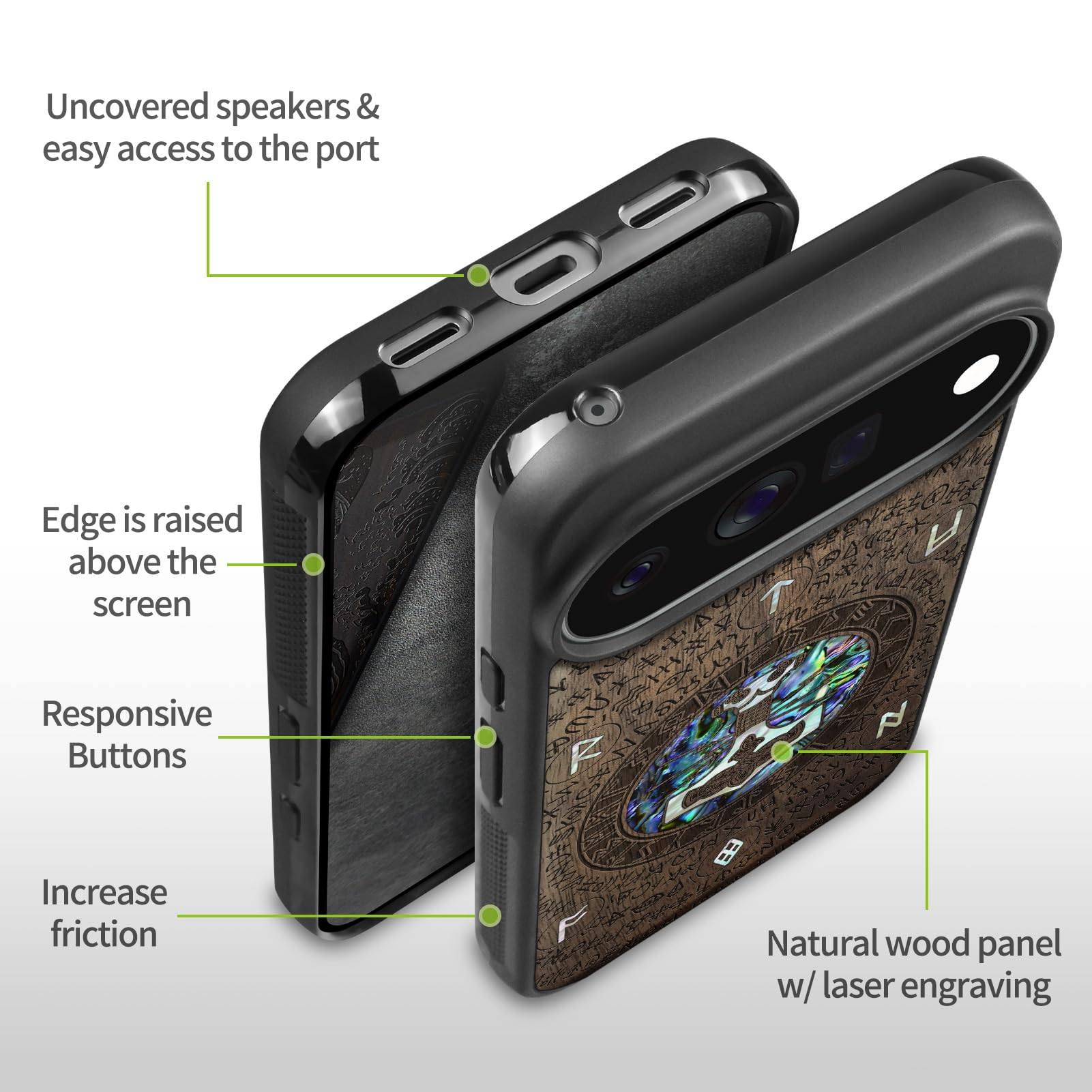 Carveit Madera Funda para Google Pixel 11 Pro (Nogal-Martillo) | Compatible con MagSafe [Grabado en madera e incrustación de mejillones] Magnética Cover para Pixel 11 Pro Carcasa