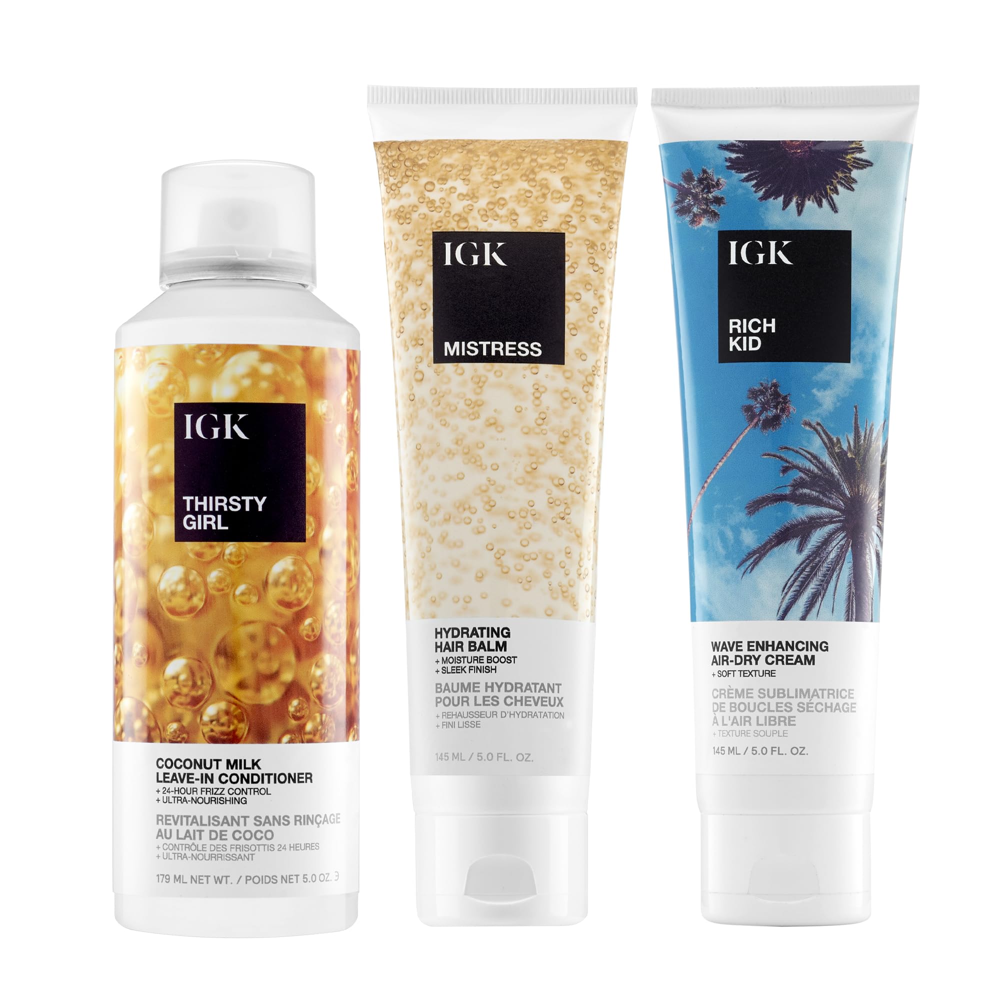 IGK Thirsty Girl Hydrating Hair Treatment + Mistress Hydrating Hair Balm + Rich Kid Hair Wave Enhancing Gel-Cream – Hair Hydration & Styling Trio for Softness & Frizz Control – Vegan & Cruelty-Free