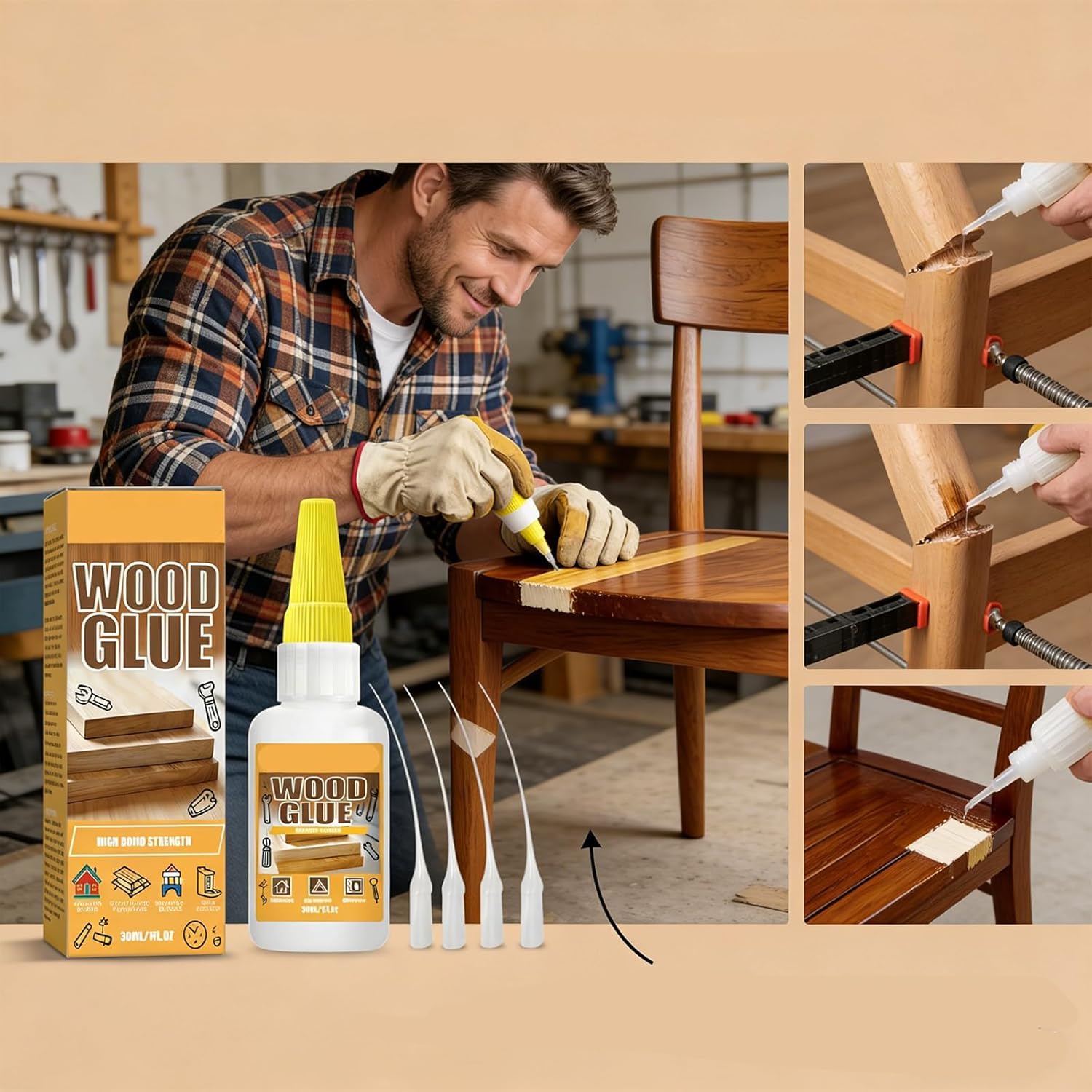 Colla for legno resistente da 30 ml, lega saldamente il legno, asciugatura rapida e presa iniziale, facile da usare, adesione di lunga durata(5PC)