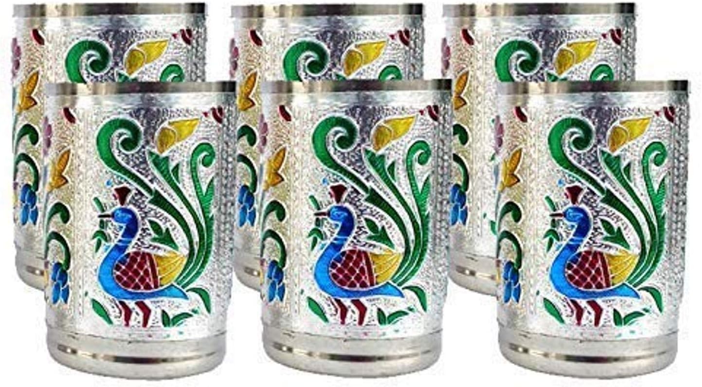 Shree Hari Enterprise Set of 6 Stainless Steel Glass Indian Hand Made Meena Work Peacock Design Silver Color Diwali Christmas Tumbler Gift Set Item (Silver)