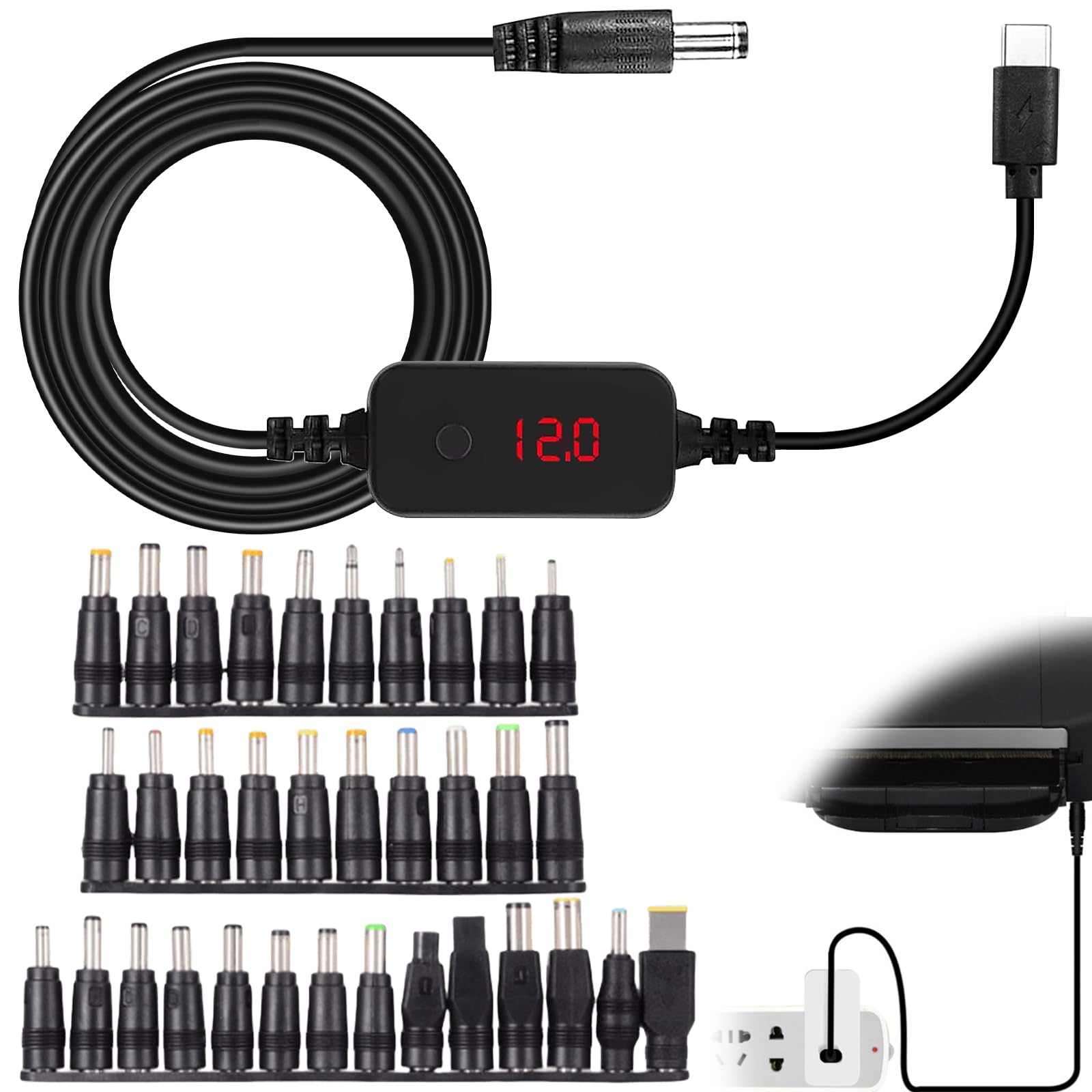 Cavo adattatore da PD a DC, 5 V/9 V/12 V/15 V/20 V, router USB Boost Convertitore con display digitale, spina da Typec a spina DC5521, cavo di alimentazione con 34 teste del convertitore