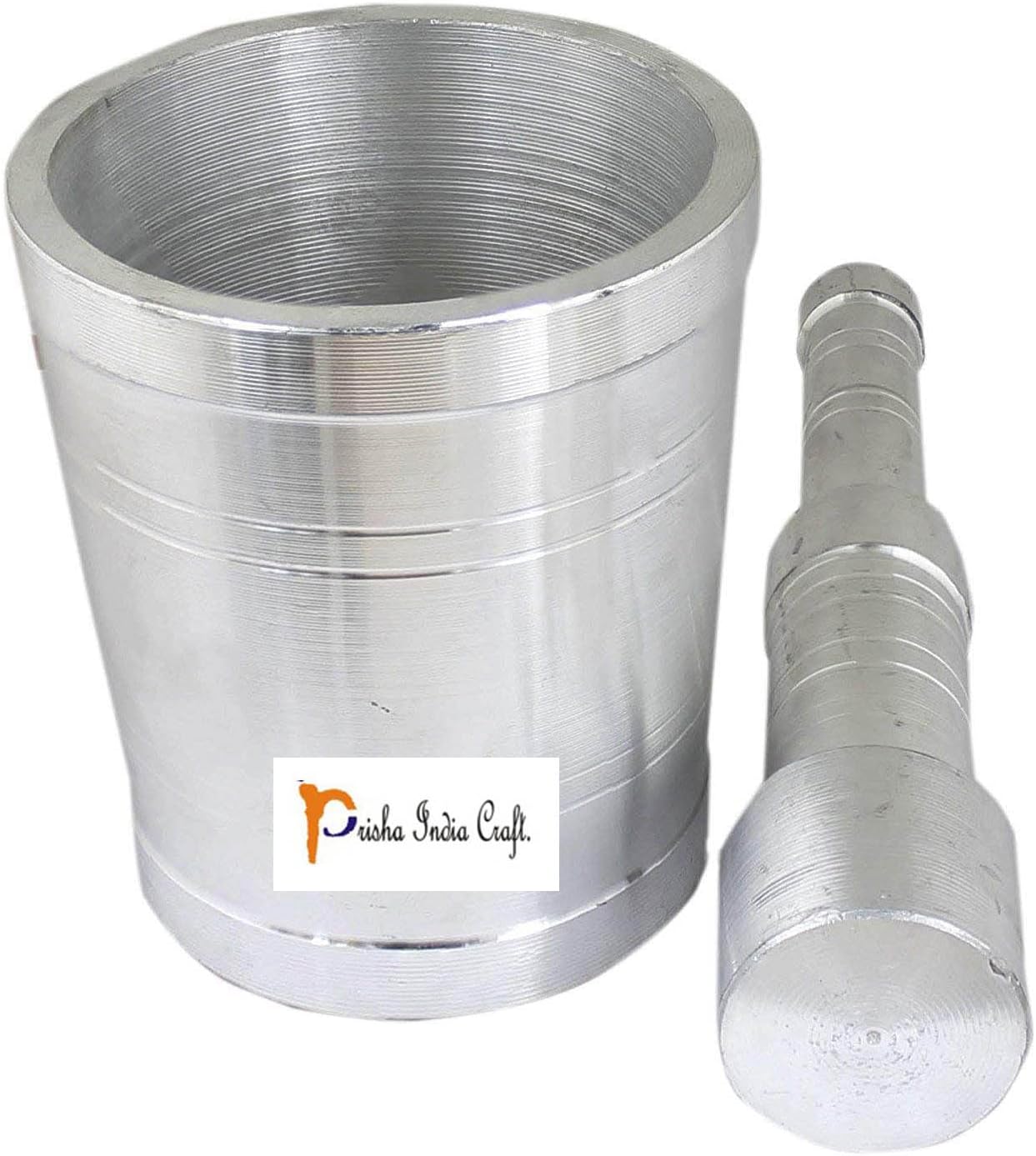 Prisha India Craft ® Heavy Gauge Aluminium Mortar and Pestle or Khal Dasta Ural Set, Aluminium Kitchen khalbatta Okhli Masher Gift Item