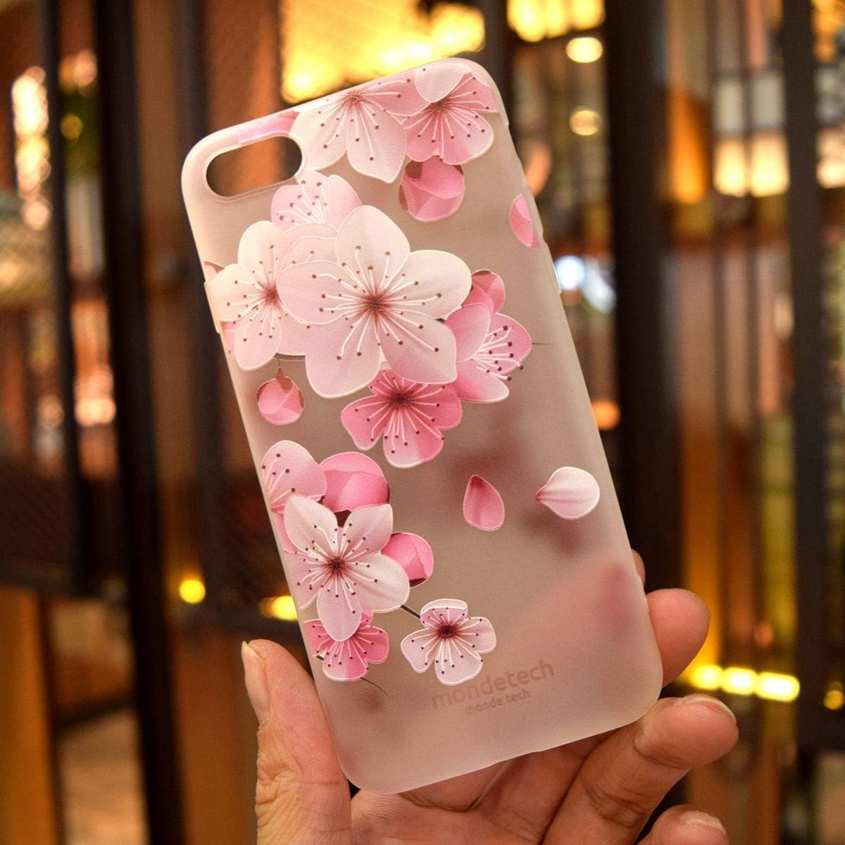 mondetech Pink White Cherry Blossom Frosted Transparent Soft Silicone TPU 3D Relief Painting Case for Apple iPhone 8 and Apple iPhone 7