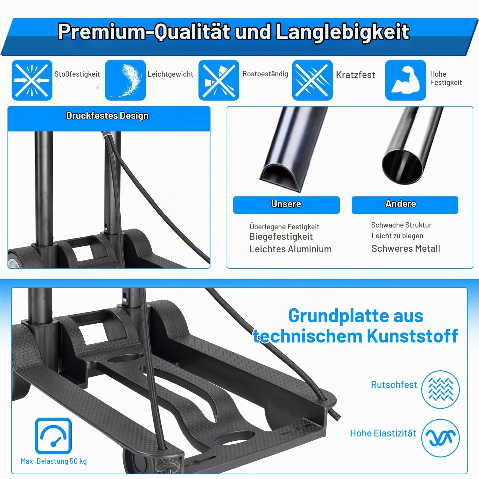 Plattformwagen Sackkarre Klappbar, 50KG Faltbarer Handkarre Kompakt mit Rädern, Mini Transportkarren Handwagen mit Teleskopgriff für Zuhause Büro Einkaufen Reisen