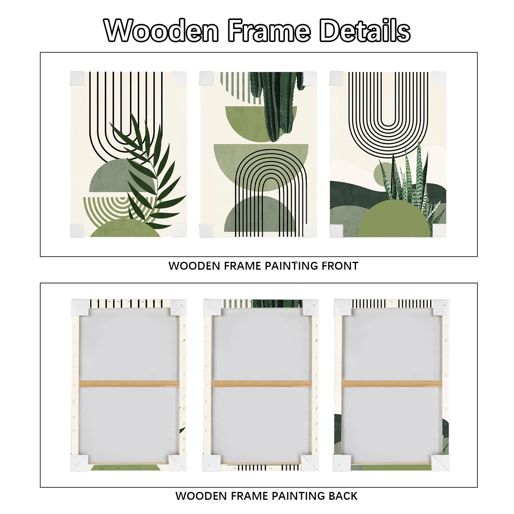 3 Pcs Wooden Framed Canvas Wall Art Set Bohemian Sage Green Canvas Prints Poster Geometric Line Beige Green Pictures for Living Room Bedroom Dinning Room Hallway Stairs Wall Decor 30x40cm x3pcs — view 5