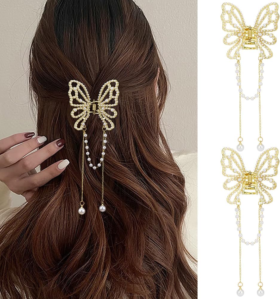 Ahoney Butterfly Hair Claw Clips with Charms, Metal Fancy Tassel Accessories for Women Girls (Hollow Pearl)