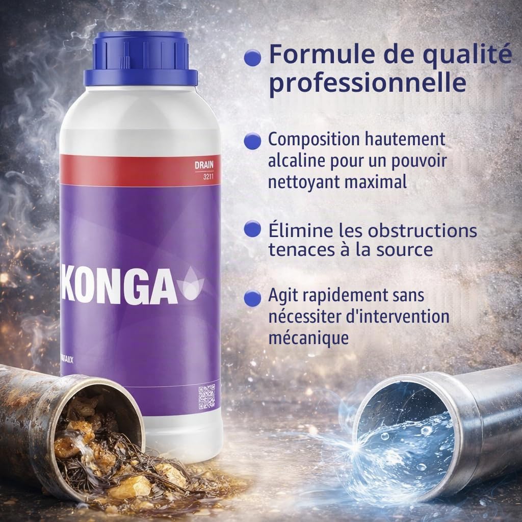 Konga Decapant Forte Nettoyeur de Drain Professionnel | Nettoyeur de Tuyau Alcalin Fort | Dissout les Graisses, les Cheveux et les Obstructeurs Organiques | Pour les Grandes Cuisines, les Égouts