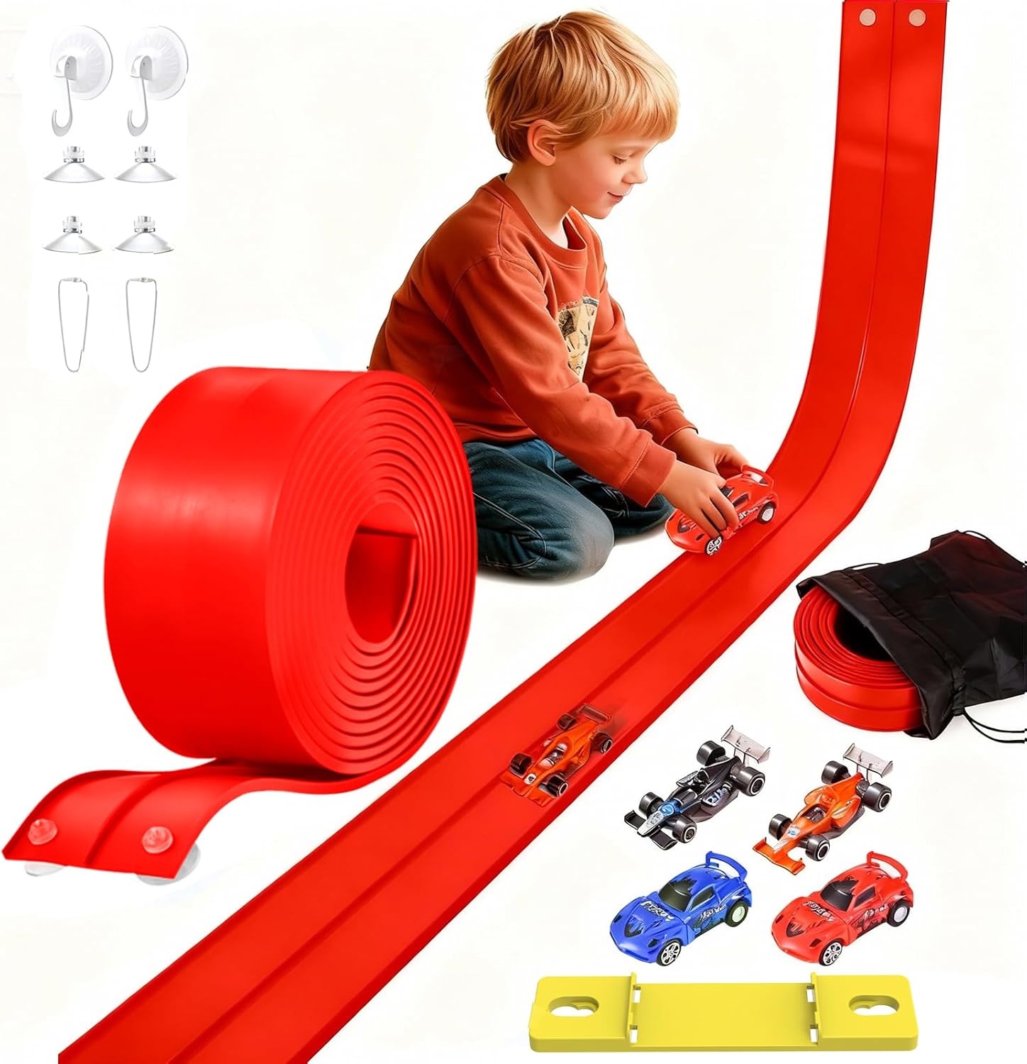 20 Ft Flexible Race Track for Kids, Anti Gravity Car Track Set, Flex Race Car Ramp Track with Suction Cups & 360° Fixed Groove- Rolls Up Portable DIY Race Track with Storage Bag (red)