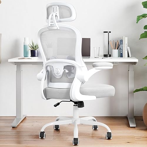 Ergonomic Office Chair,Ultra Thick Office Desk Chair with Adjustable Lumbar Support and Headrest,Spring Cushion,Rocking Function,Flip-up arms,Mesh Computer Chair for Home Office,Grey