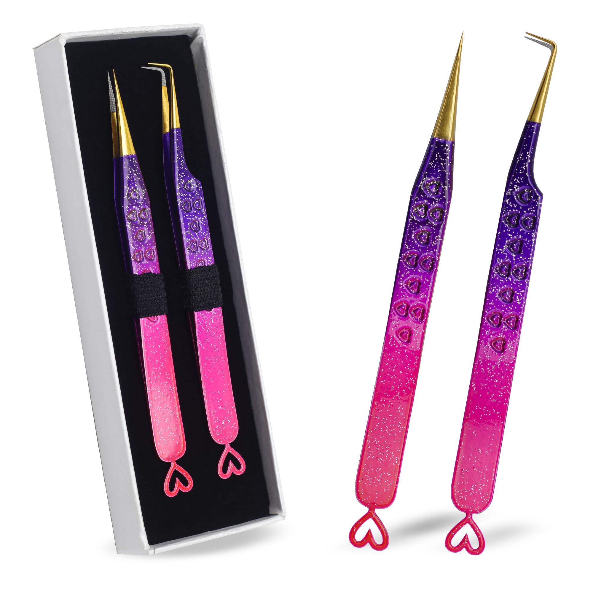 Precision Eyelash Extension Tweezers,Straight And 90-Degree, with Fiber Tip, Volume & Isolation Tweezers, Japanese Stainless Steel, Unique Heart