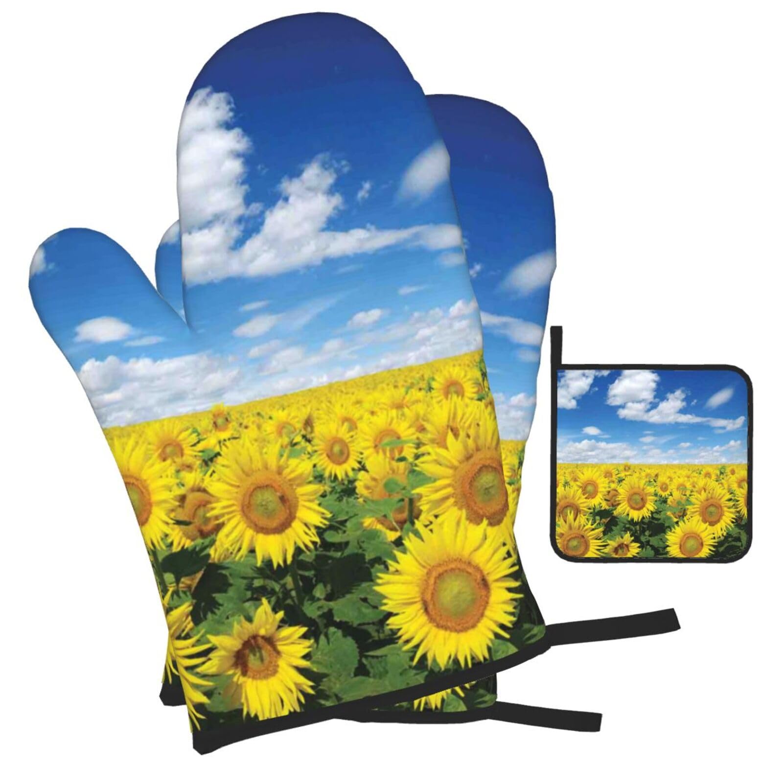 Sunflowers Sunset Sunlight Landscape Printed Oven Mitts and Pot Holders Heat Resistant Set of 3 Pcs, Modern Kitchen Gloves & Potholders for Cooking Baking Grilling