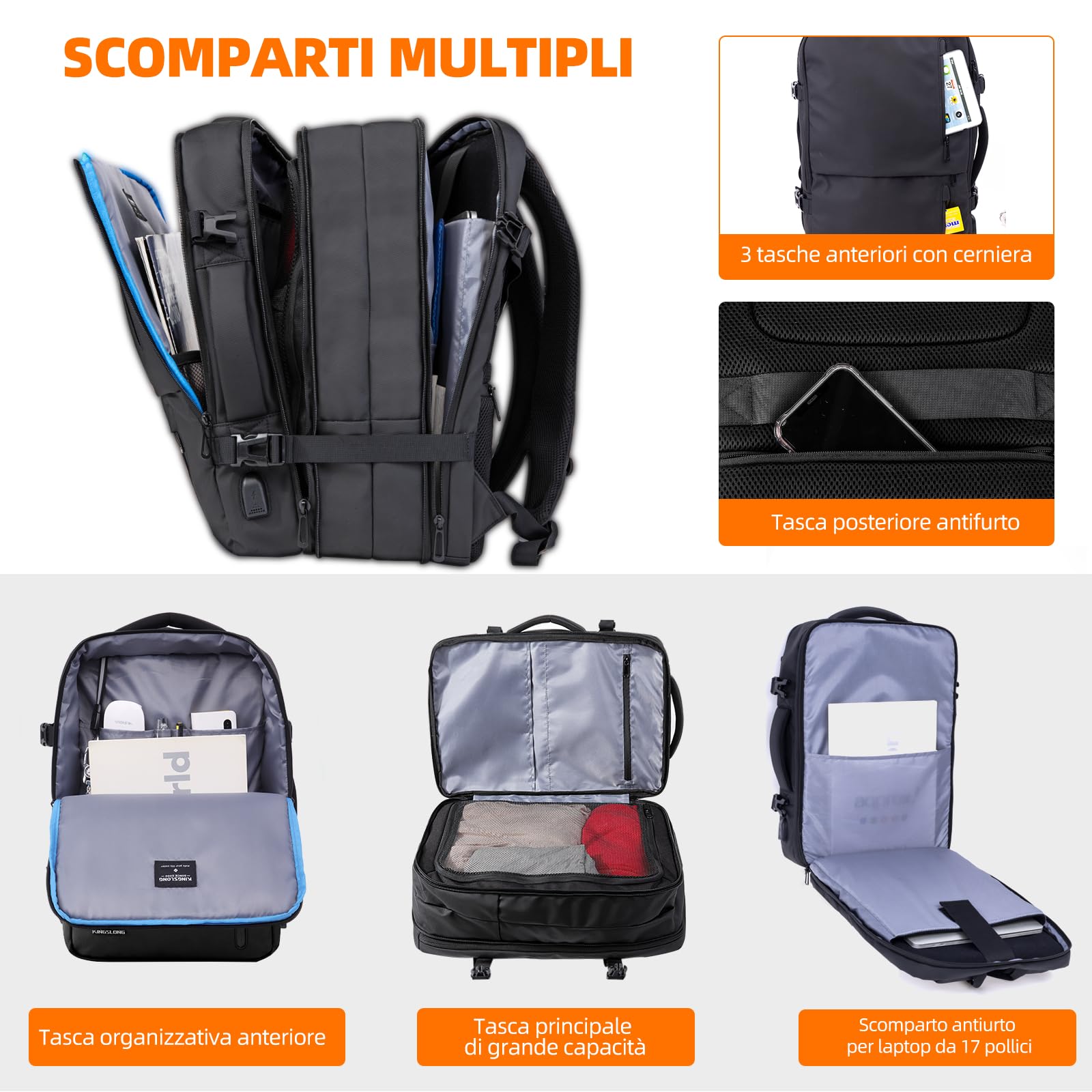 KINGSLONG 17-19 Pollici Zaino per Laptop Espandibile 25-46 litri, Viaggio con Porta di Ricarica USB, Scuola Affare Viaggiare Zaino da Volo IATA per Aeroplano Uomini Donne