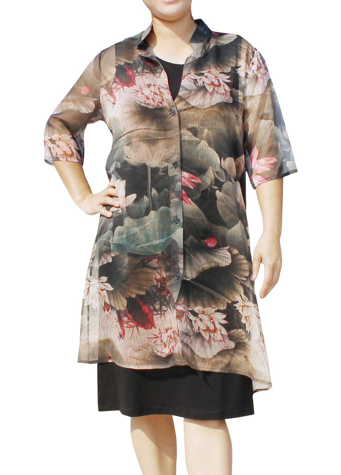 RaanPahMuangLadies Sac Dress 3/4 Sleeve Style Lotus Flower Black