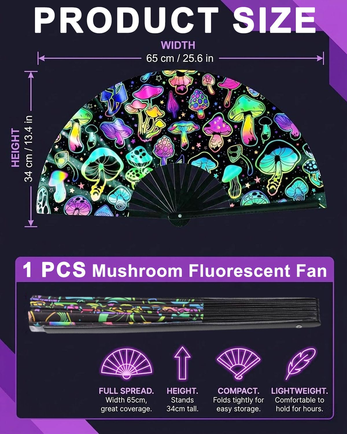 Abanico Plegable Glow Rave de Mano Grande para Bailar, Fiestas, Festivales
