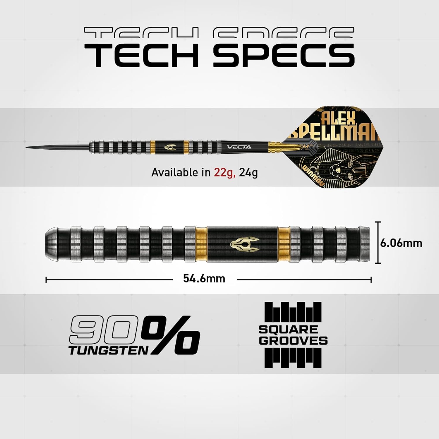 Winmau Professional Player - Alex Spellman Series - 90% Tungsten Darts Set with Dart Flights and Dart Shafts (Stems) - Available in Soft Tip 18g Barrel/20g Full Weight and Darts Metal Tip 22g & 24g