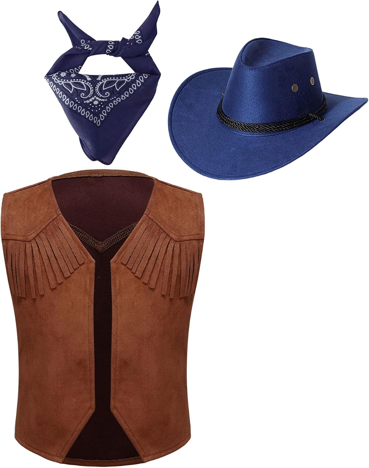 Kids Girls Boys Cowboy Cowgirl Outfits Western Party Dress Up Set with Waistcoat Bandanna and Hat
