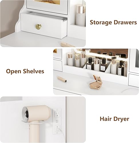 Miniatura 6 de Escritorio de tocador blanco con espejo y luces, mesa de tocador de maquillaje con espejo iluminado, 5 cajones y gabinete RGB, juego de tocador con