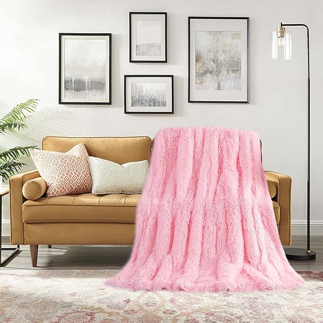FZCBY Soft Shaggy Faux Fur Blanket Fluffy Fleece and Sherpa Bed Throw Decorative Sofa Throws Machine Washable Blankets for Sofa Bed Couch Chair, 50"x60", Pink