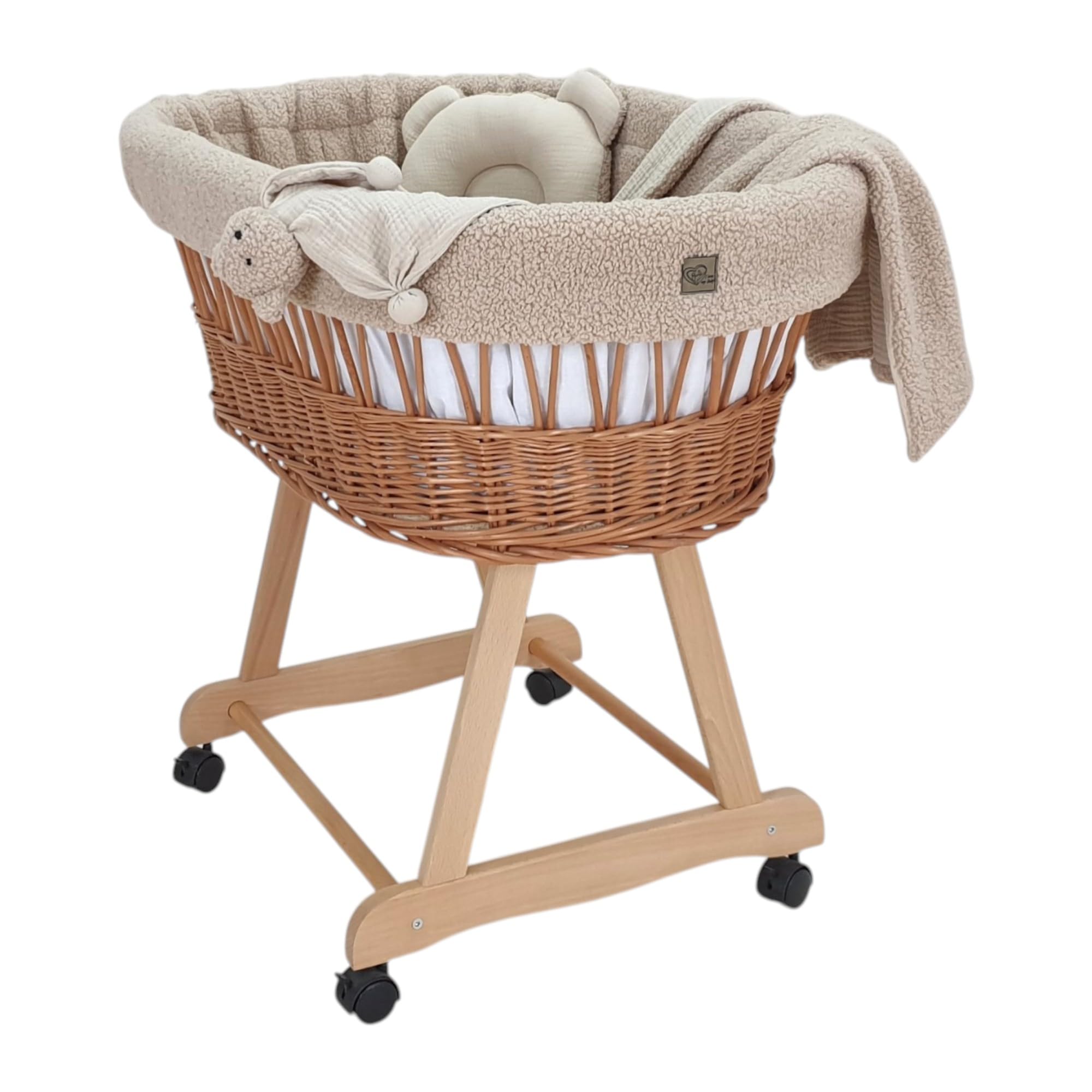 Łóżeczko dziecięce Amelia – naturalne ręcznie tkane Mojżesz ze stojakiem i materacem – 5-częściowy zestaw pościeli Teddy Beż – przenośny wózek na kółkach – idealny dla noworodków