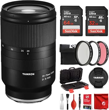 Tamron 28-75mm f/2.8 Di III RXD Lens Sony Mirrorless Full Frame E-Mount Bundle with 64GB & 32GB Ultra Memory Cards, Filter Kit, Memory Case, Air Blower, Dust Brush, Microfibers