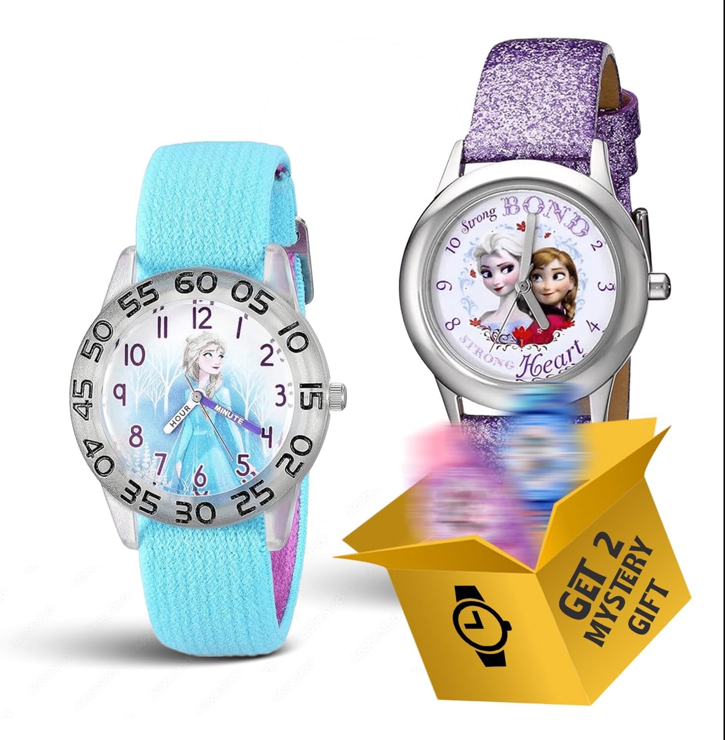 Disney Frozen 2-Pack Watch Set for Kids Ages 4–7 – Featuring Elsa and Anna Dial Designs – Silver Bezels with Purple Glitter and Blue Nylon Straps – Gift for Girls – GET 2 Mystery Bonus Watches - Image 3