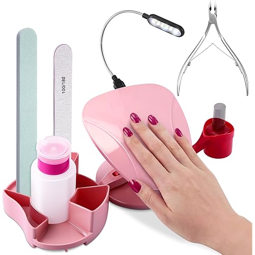 Enhon Manicure Supplies, Nail Stand Hand Rest for Nails with Multi Angle & Polish Trays, Manicure Set 3 Pieces & LED Lights, Foot Station Supply for Salon Home DIY, Christmas Gifts for Women (Pink)
