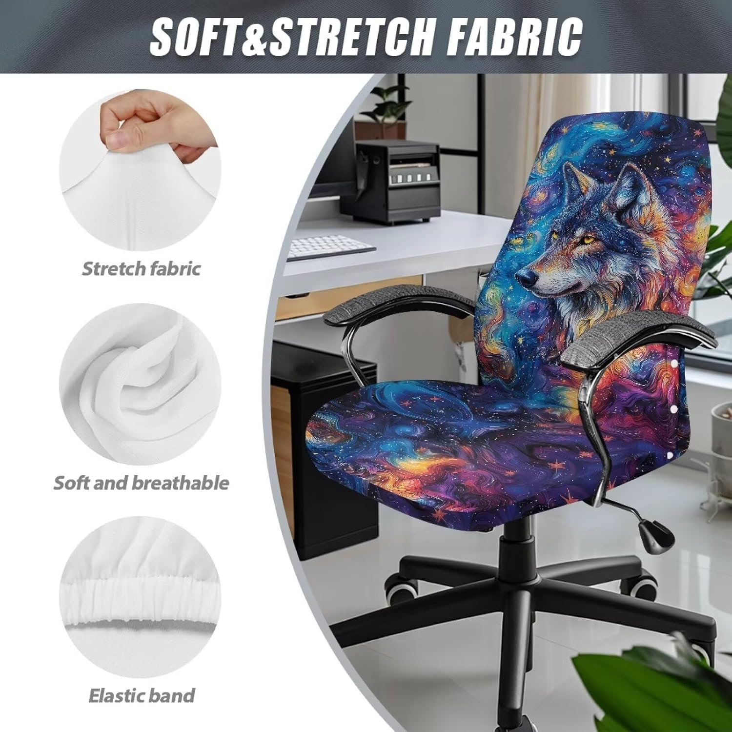 Wanyint Wolf Galaxy Starry Office Chair Cover Universal Rotating Boss Chair Cover Printed Desk Chair Protector Stretch Fabric Cover with Elastic Bottom, L