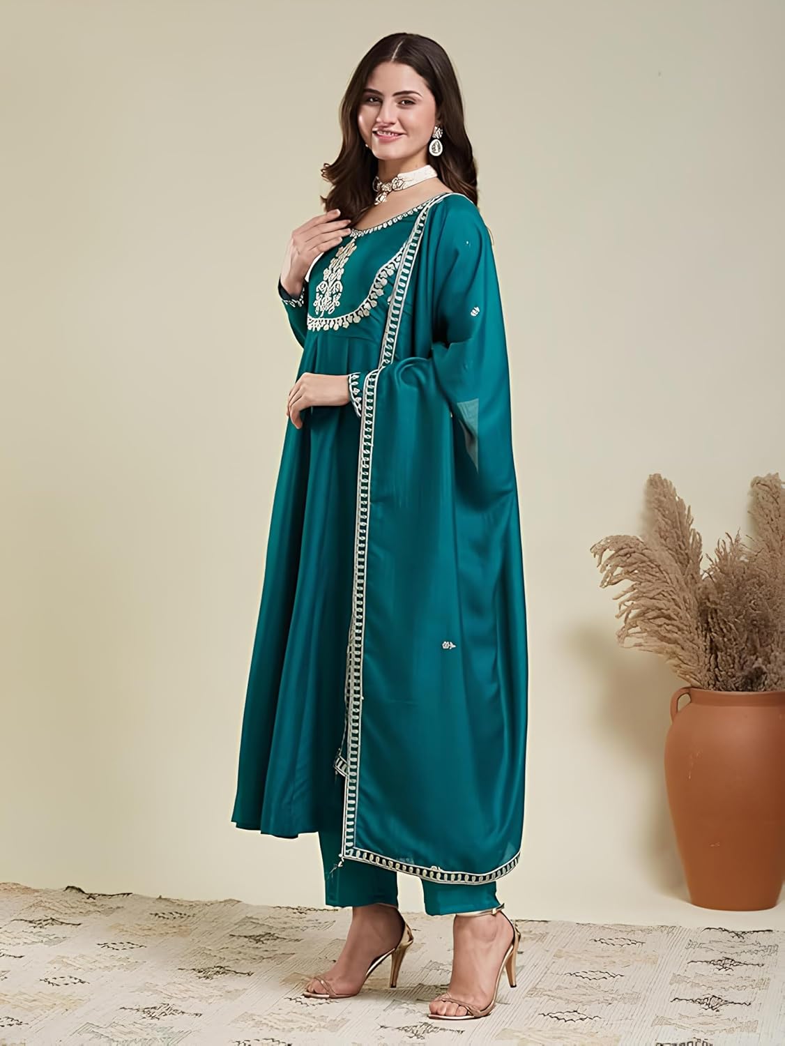 Women's Silk Anarkali & Pant with Dupatta Set - Indian Ethnic Traditional Wear Anarkali Kurta Set