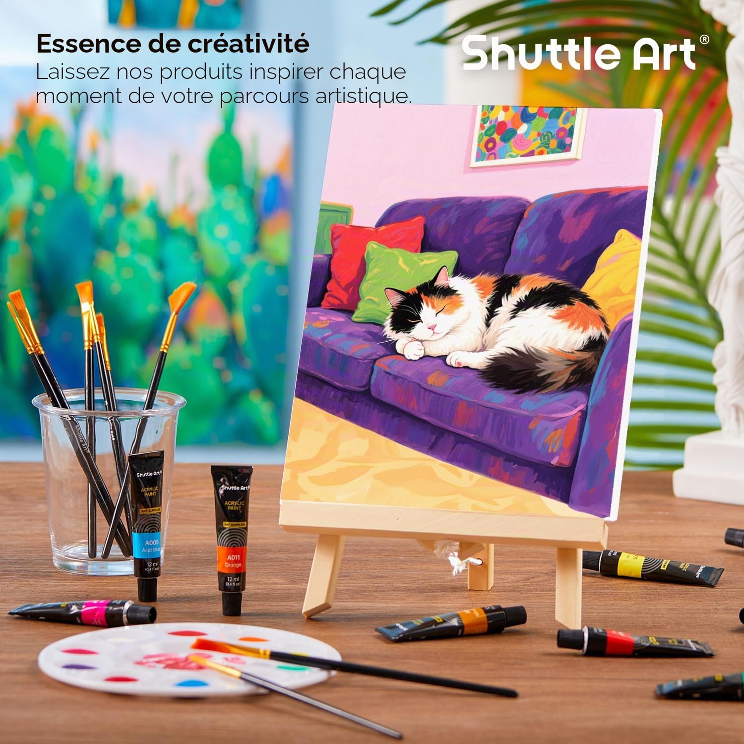 Shuttle Art Kit Peinture Acrylique 58 Pièces, 2 x 15 Tubes Peinture Acrylique (12ml), 2 Chevalets, Toiles, Pinceaux, Palettes, Fournitures Artistiques pour Adultes/Débutants
