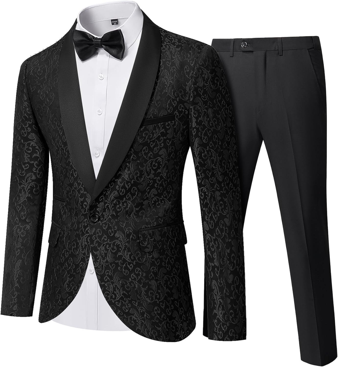 YND Men's 2 Piece Slim Fit Suit Set, One Button Shawl Lapel Floral Pattern Party Blazer, Jacket Pants with Bow Tie