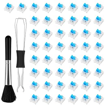 Qianyu 50 Pcs Blue Mechanical Keyboard Switches with Switch Puller and Brush 3-Pin Clicky Key Switches Dustproof DIY Replacement Kit for Gaming Keyboards Typists Gamers