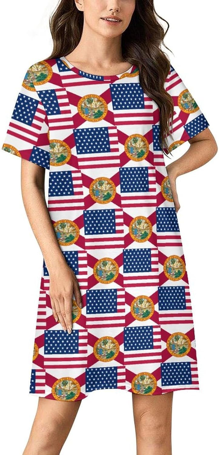 Flag of Usa And Flag of Florida Nightgowns for Women Short Sleeve Sleep Dress Casual Sleepshirt Night Gowns Pajamas