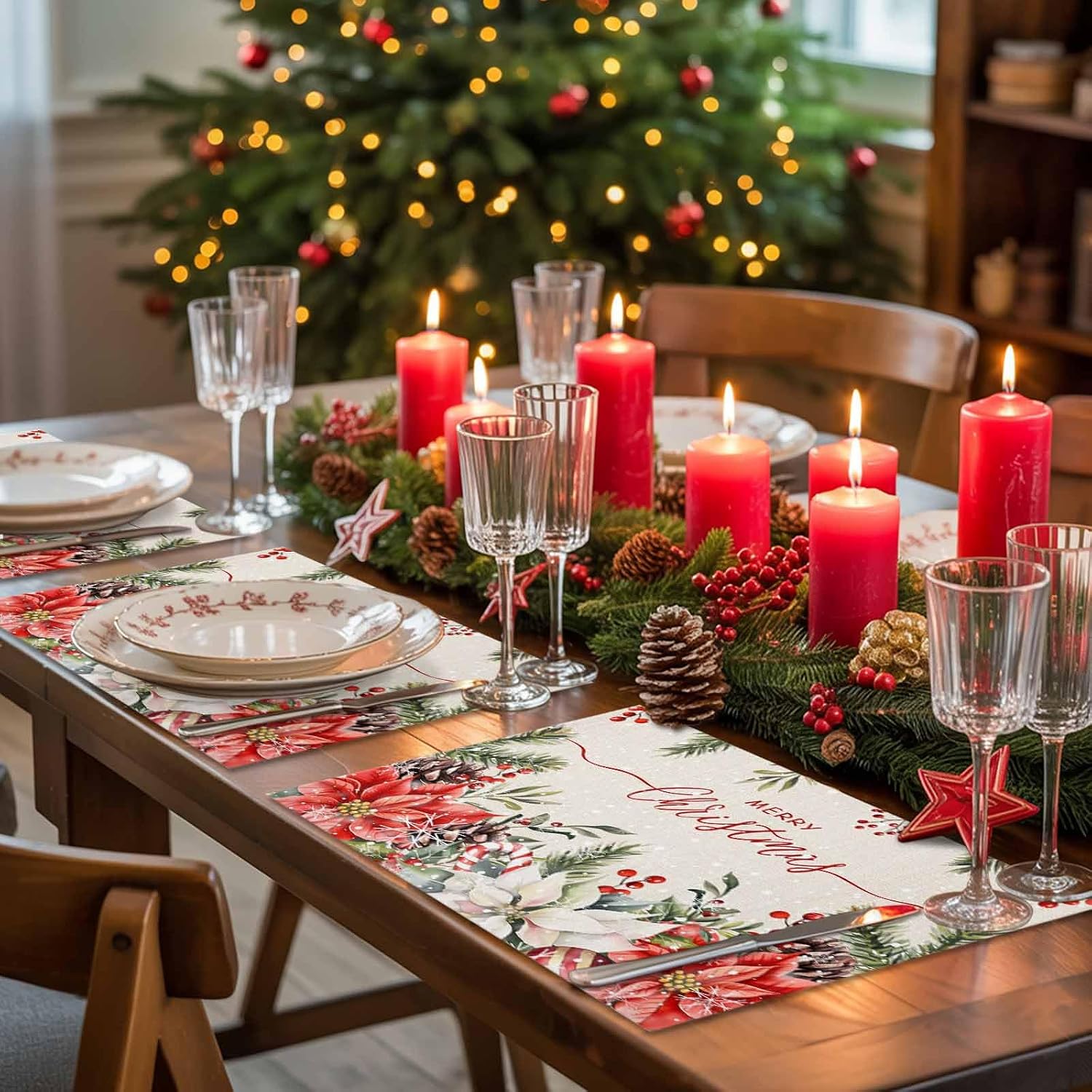 Christmas Placemats Poinsettia Snowy Berries Place Mats for Dining Room Dinner Table Holly Berry Pine Cones Washable Table Mats Kitchen Dining Decorations Anniversary Set of 6