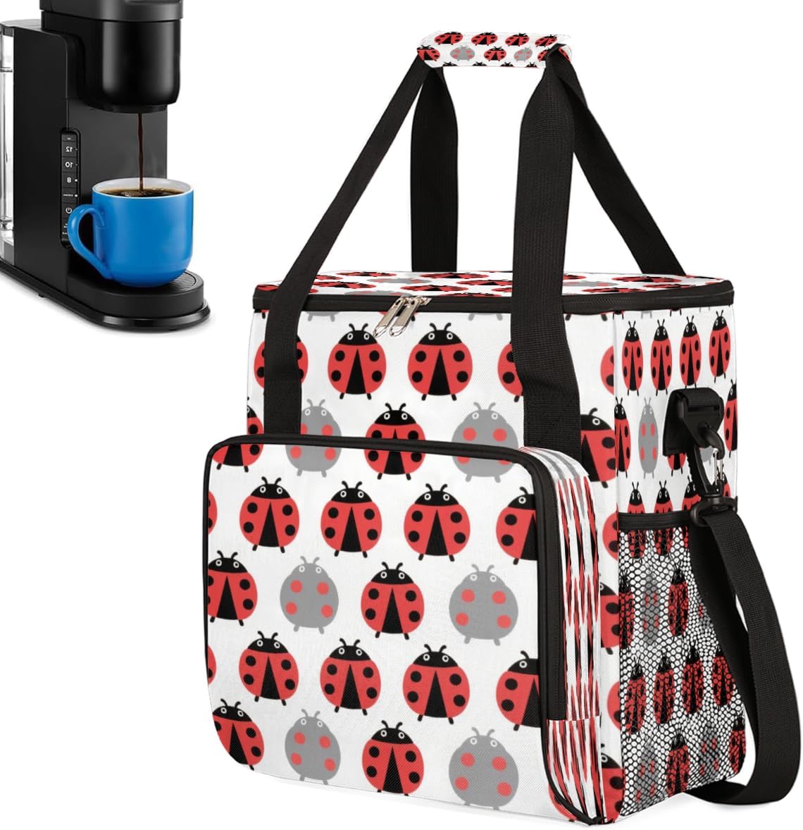 Ladybug Pattern Portable Coffee Maker Carrying Bag Compatible with Keurig K-Mini or K-Mini Plus - Travel Storage Tote with K-Cup Pod Pockets for Single Serve Coffee Brewer