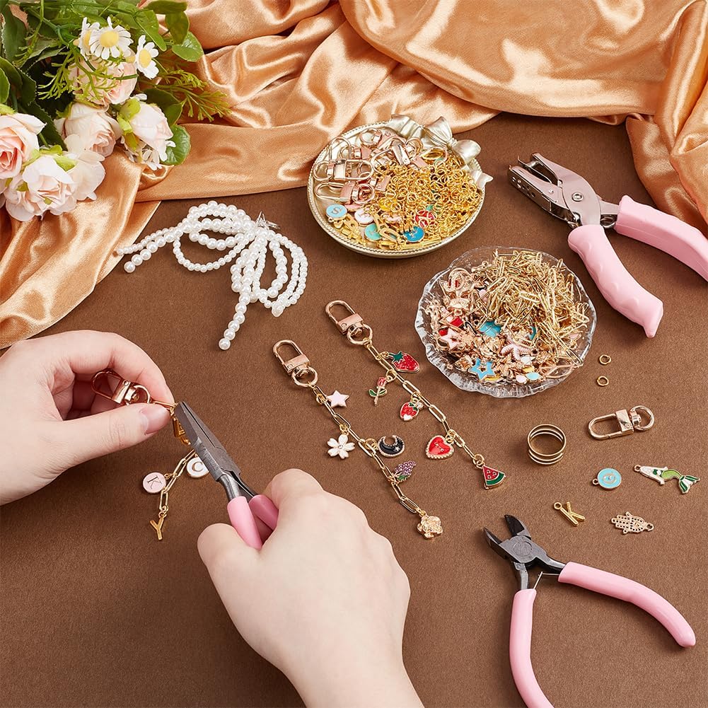 26 sets 384pcs Lip Gloss Keychain Making Kit with Charms Jump Rings Letter Pendants Chains Clips & Tools for Custom Lip Gloss Holders Bag Charms Keychains DIY Supplies Craft Making