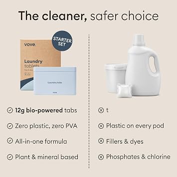 Vove Laundry Detergent Tablet Starter Set, 40 Washes with Reusable Storage Tin - Plastic-Free, PVA-Free, Zero Microplastics - Enzyme-Powered, Plant-Based, Fragrance-Free, Works in Cold Water