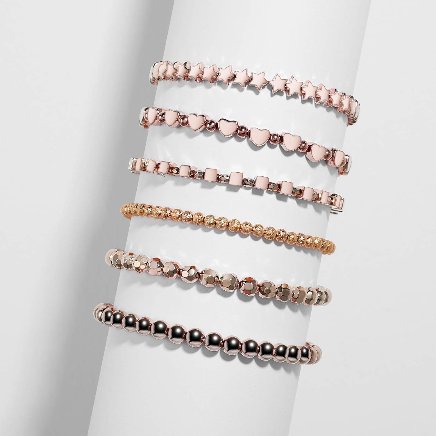 1050 Piece DIY Plated Spacer Beads, 4 mm Square Spacer Bead and Glitter Beads 6 mm Star Beads, Round Ball Spacer Beads and Multifaceted Bead 7 mm Heart Bead for DIY Jewelry with Hole (Rose Gold)