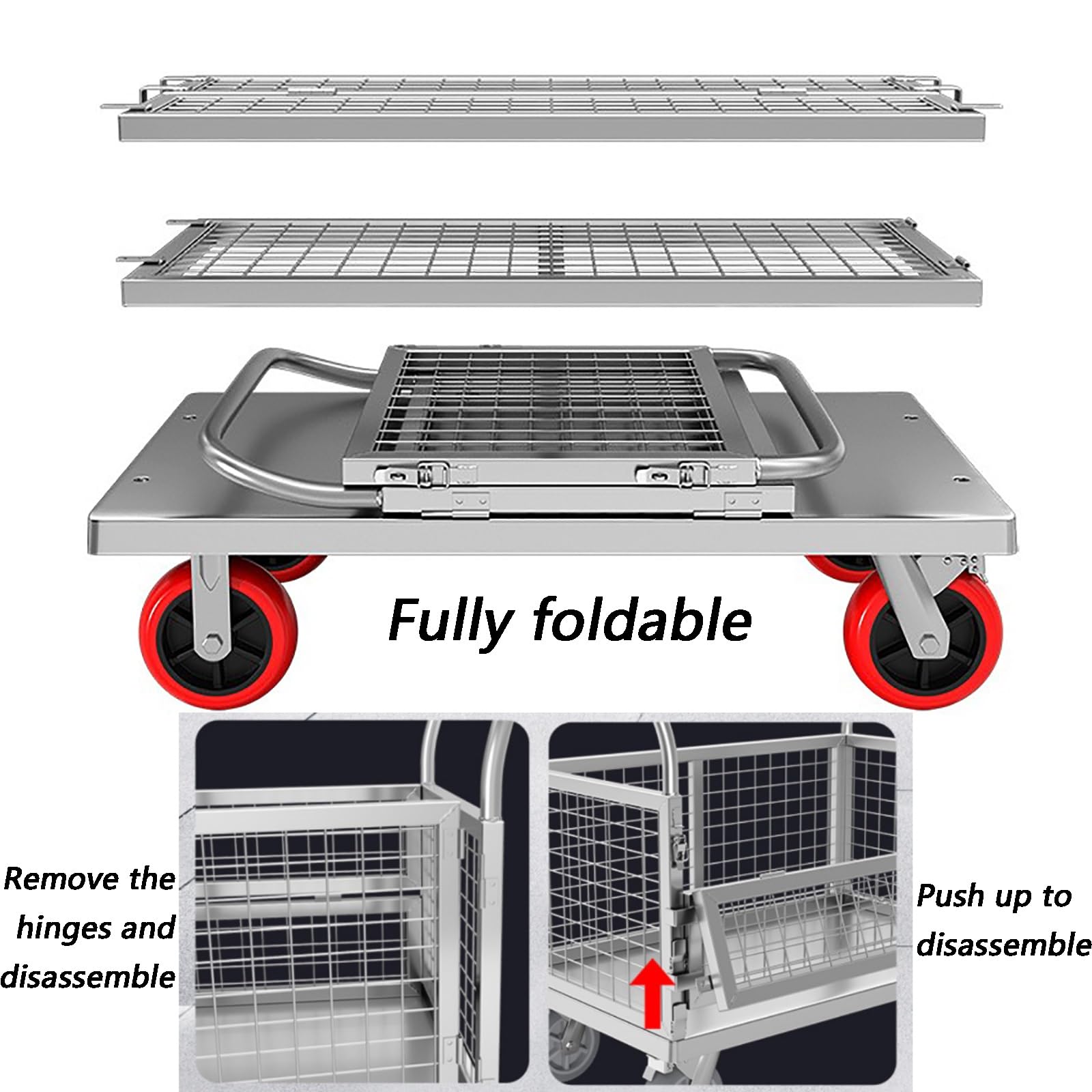 Wózki ręczne, Wózek platformowy 6 w 1 z klatką i kołami obrotowymi, odpowiedni dla szkół, firm, fabryk(Load capacity 300kg/660lbs)
