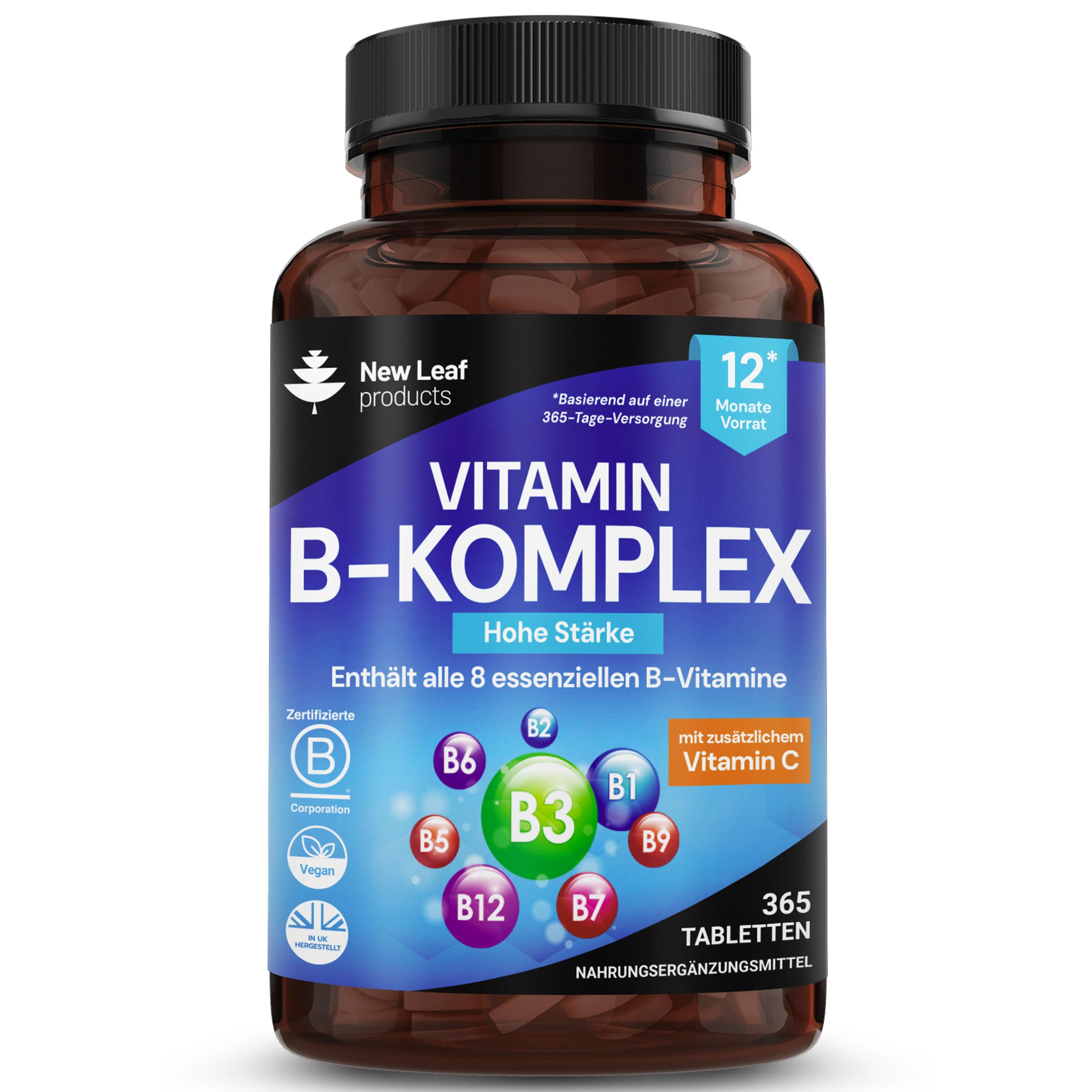 Vitamin B-Komplex – 365 kleine Tabletten – alle 8 B-Vitamine B1-B2-B3-B5-B6-B12 (1 Jahrvorrat) hochfestes Biotin, Folsäure und Vitamin C – Reduzierung von Müdigkeit, Energie und Immununterstützung