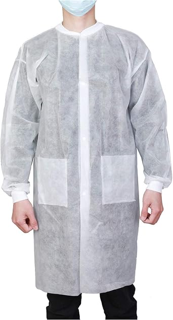 Case of 50 SMS Disposable Lab Coats for Adult, 2 Pockets with Knitted Collar and Cuffs, Size Small to XX-Large