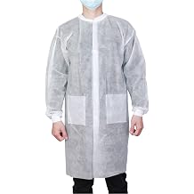 Case of 50 SMS Disposable Lab Coats for Adult, 2 Pockets with Knitted Collar and Cuffs, Size Small to XX-Large