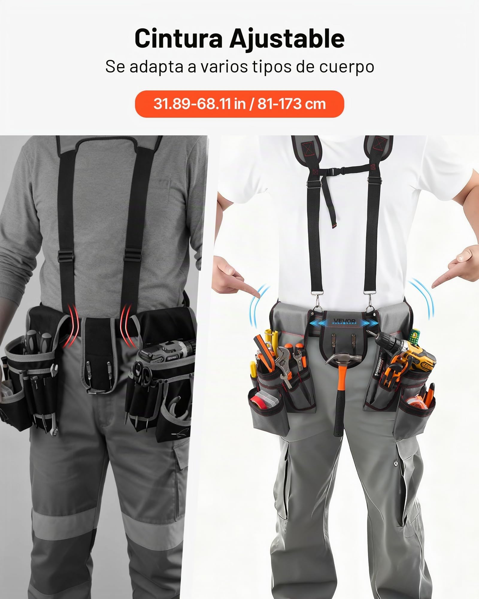 VEVOR Cinturón Portaherramientas para Profesionales, con 22 Bolsillos y Tirantes, Funda para Riñonera para Electricistas, Carpinteros y Obreros de la Construcción, Ajustable de 810 a 1730 mm