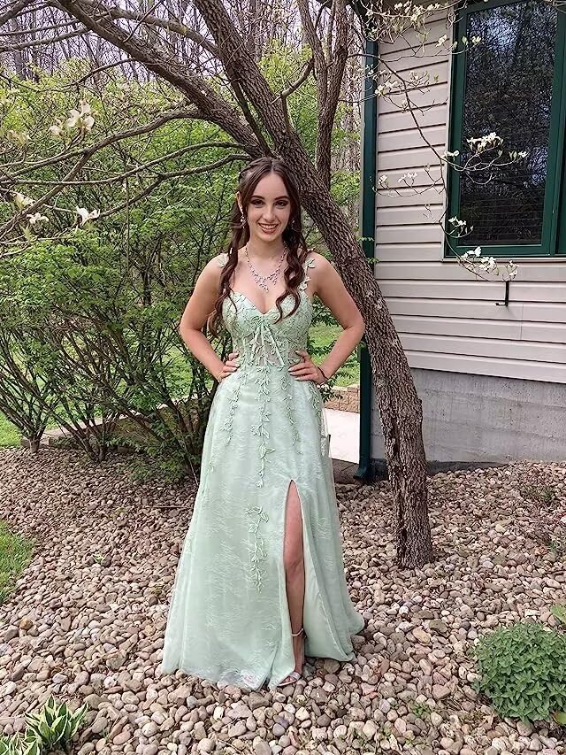 YOFF V Neck Tulle Prom Dresses Long Sparkly Lace Evening Gown with Slit Spaghetti Straps Formal Party Dress YO0354