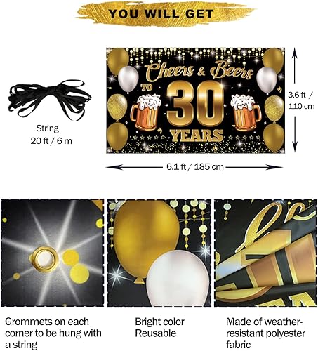 Miniatura 2 de Cartel de fondo de "Cheers & Beers to 30 Years", decoraciones de feliz cumpleaños 30 para hombres y mujeres, decoración de 30 aniversario,