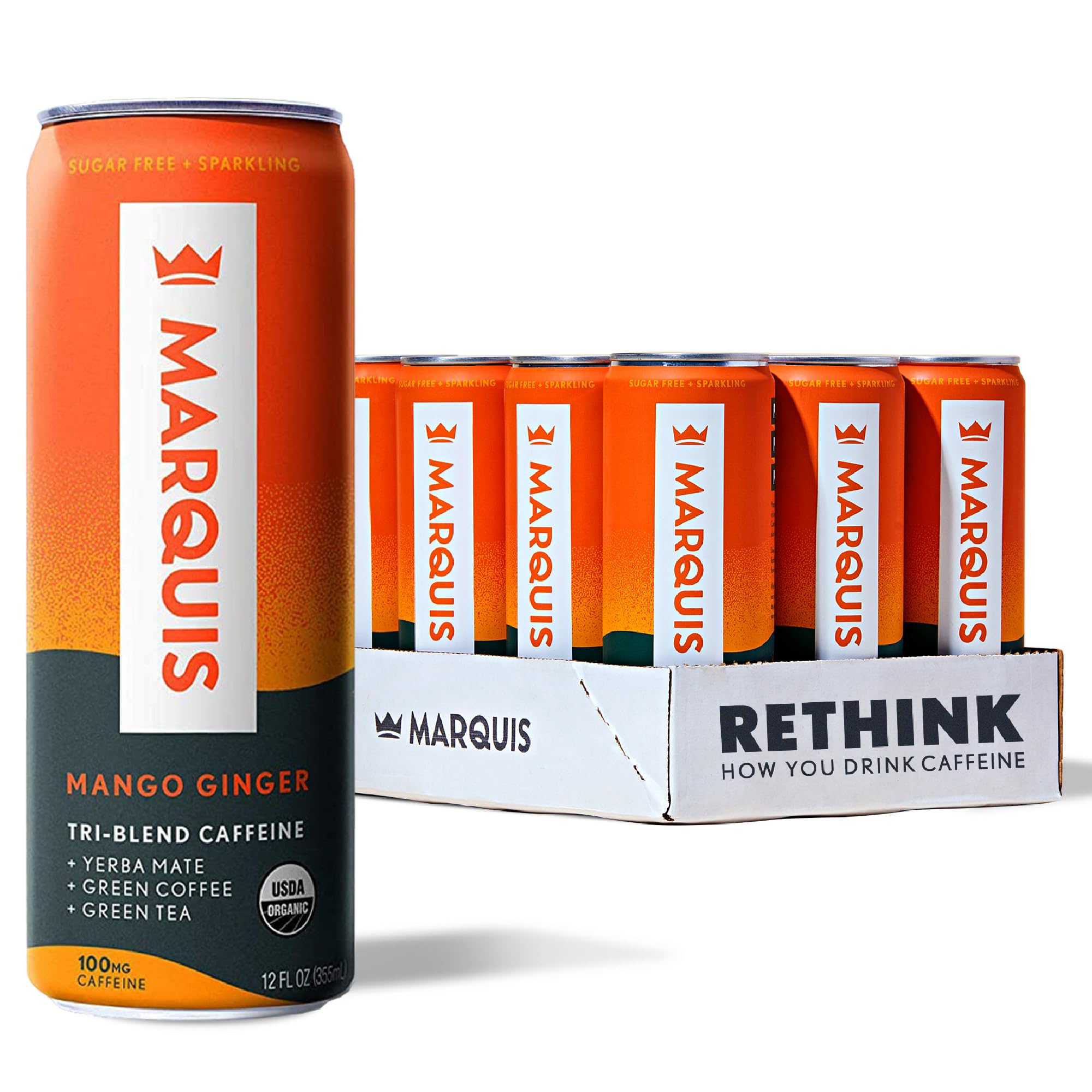 Marquis Natural Energy Drinks Sugar Free Zero Calories 100mg Organic Plant Based Caffeine Yerba Mate Green Tea & Green Coffee - Vitamin C & Bs - Mango Ginger Healthy Energy Drink - 12oz Cans, 12 Pack